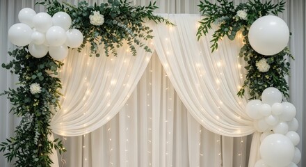 Elegant Wedding Arch With White Drapes Greenery And String Lights