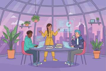 Futuristic Team Analyzing Data and Innovating in Modern Office