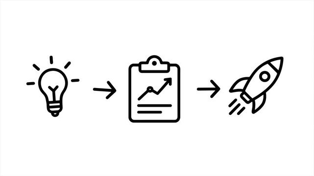 Animated line art icons showing the startup launch process. Perfect for motion graphics, business presentations, and startup explainer videos.