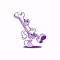 Groovy wrench character in retro cartoon with happy face. Mascot, vector, icon, collection, sticker, vintage, illustration, set, funny, logo, comic, editable, 70's, worker tools, hand tools, spanner