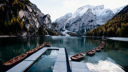 Lago di Braies Lake in the Dolomite Mountains of Italy is a natural wonder with its magnificent nature and reflections.