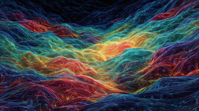 Abstract Multicolor Lines Forming 3D Flowing Terrain Landscape with Dreamy Gradient Colors and Dynamic Visual Effects for Web Design