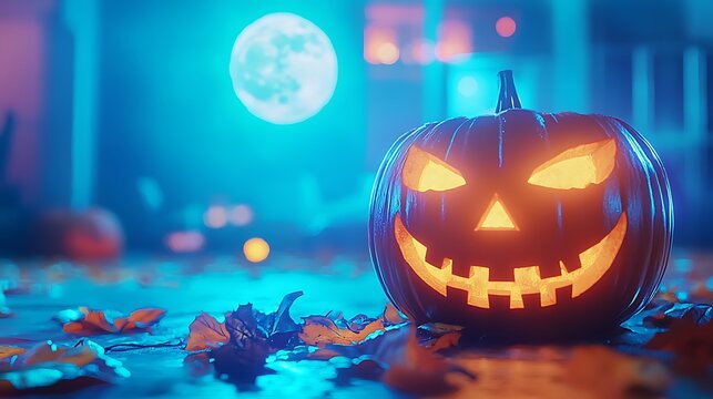 Soft glowing moon over pumpkin field with faint fog and atmospheric Halloween color tone