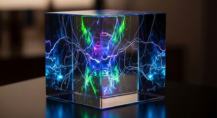 Plasma Cube with Vibrant Electrical Discharges and Colorful Light Effects.