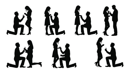 Marriage proposal silhouette icons isolated on white background, Vector
