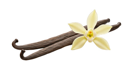 Aromatic Vanilla Pods and Fresh Blossom on Dark Background
