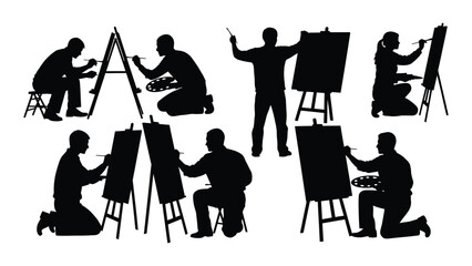 Artist silhouettes painting at easels isolated on white background, Vector