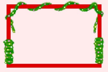 Festive red rectangular frame decorated with green garland and colorful glowing lights, ideal for Christmas greeting cards, invitations, and seasonal marketing designs.
