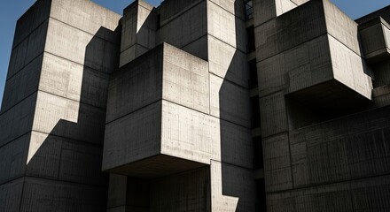 Striking brutalist architecture with dramatic shadows and stark concrete textures under a clear blue sky, evoking modern design and urban strength