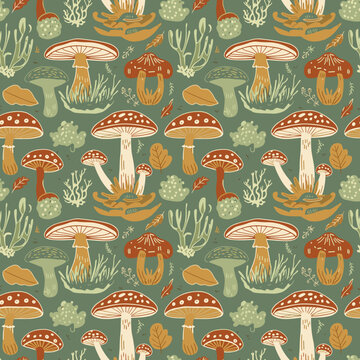 Earthy Woodland Mushroom and Fungi SVG Seamless Pattern in Muted Forest Green and Rust Tones - Hand-Drawn Nature Repeat Vector Graphic for Fabric and Home Decor