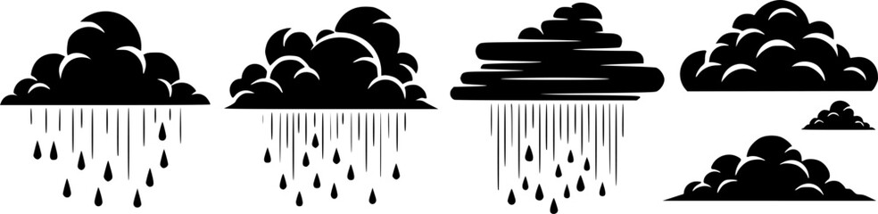 Different styles of clouds and rain in black color vector, silhouette, illustration, horizontal, isolated assets, on transparent background
