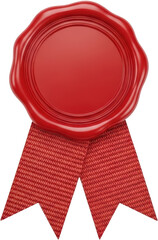 A single glossy red wax seal with embossed concentric rings attached to a textured red ribbon with two V shaped ends isolated for red seal award honor