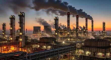 Obraz premium Industrial Complex Emitting Smoke at Sunset - Environmental Impact and Energy Production.