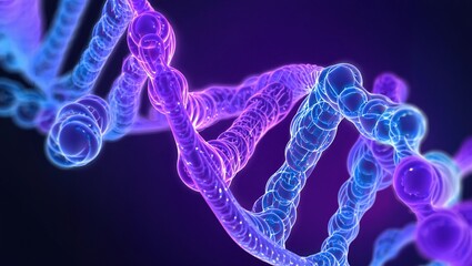 Blue fractal flow and light texture pattern on a 3D rendered illustration of a DNA molecule and bacteria cells