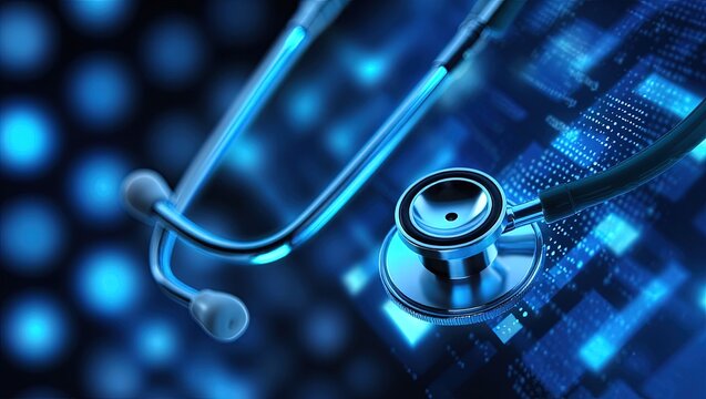 Medical stethoscope and diagnostic instrument rest on a white computer keyboard, symbolizing the intersection of healthcare, technology, and medical examination