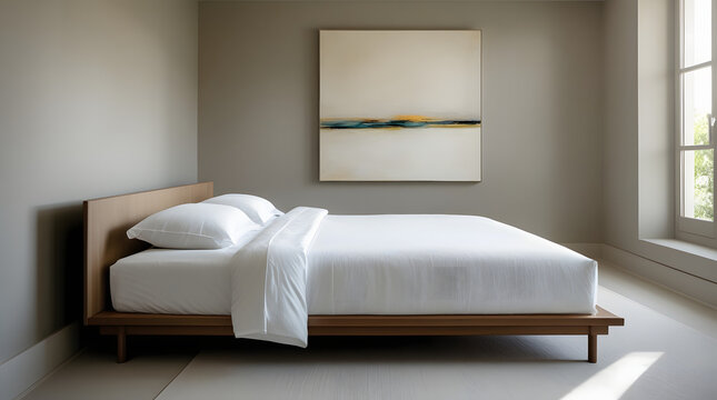 A modern and clean bedroom interior featuring a comfortable bed with fresh white bedding. The muted grey wall above the bed is adorned with an abstract horizontal painting displaying a vibrant streak 