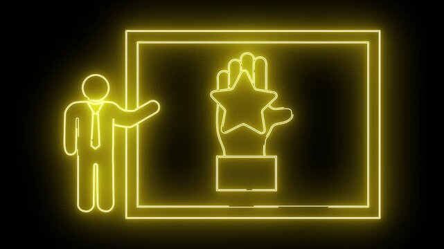 Yellow neon outline man presenting a hand holding a star inside a frame on a black background