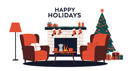 Festive interior with a 'Happy Holidays' message, featuring a fireplace, two armchairs, a Christmas tree, and warm decorations.