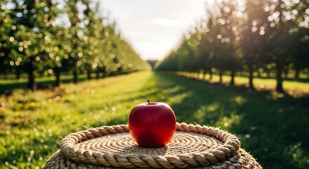 Red Apple on Woven Basket in Orchard at Sunset.
