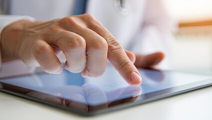 Business persons' hands holding and using digital tablets and mobile technology devices on the touchscreen display