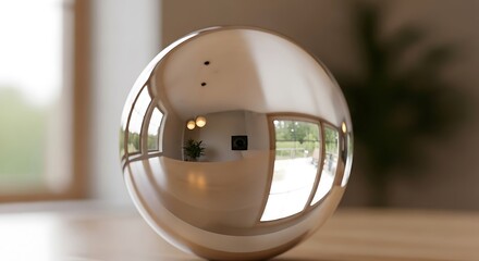 Reflective chrome sphere on a wooden table showing distorted room interior.