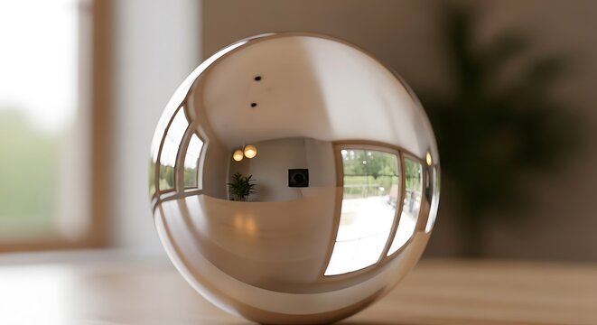 Reflective chrome sphere on a wooden table showing distorted room interior.