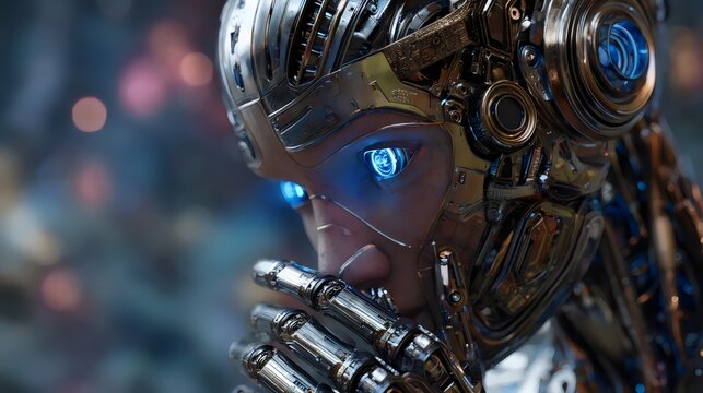Close-up of a futuristic, hyper-realistic female robot with blue glowing eyes, set against a blurred background. - Powered by Adobe
