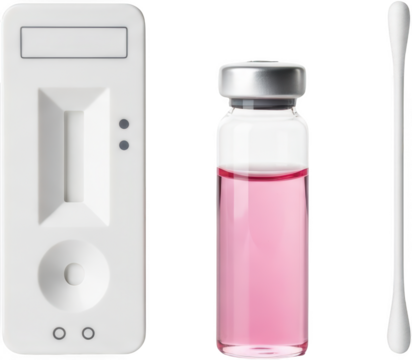 White medical testing kit with pink liquid vial and swab isolate Healthcare Diagnostic Sample Laboratory Chemistry Science Health Analysis Research Medical equipment