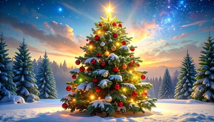A festively decorated evergreen tree, illuminated by twinkling lights and a star, stands in a snowy landscape. The sky is painted with stars