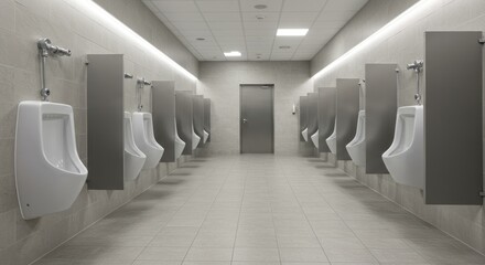 Rows of white urinals with grey partitions in a public restroom