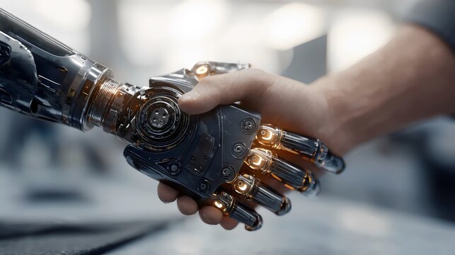 A close-up of a handshake between a human hand and a futuristic robotic arm, symbolizing collaboration between man and machine.