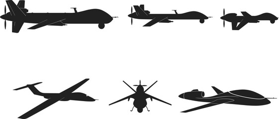 Military drone silhouettes, unmanned aerial vehicles, UAVs flying, modern drone technology, aerial surveillance aircraft, remote controlled drones, black vector icons