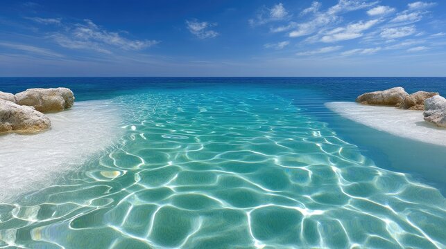 Turquoise Pool Water Gleaming Under Bright Sunlight With Rocky Shoreline And Clear Blue Sky With White Clouds