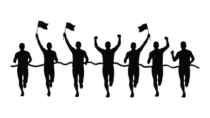 Runners crossing finish line silhouette isolated on white background, Vector