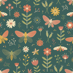 Whimsical Garden Pattern SVG: Seamless Vector Background with Moths, Butterflies, Ladybugs, and Folk Flowers in Cute Retro Style for Kids Fabric and Decor