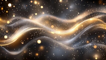 Golden waves flow across dark space with bokeh lights