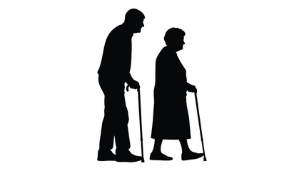 Elderly couple silhouettes walking with canes isolated on white background, Vector