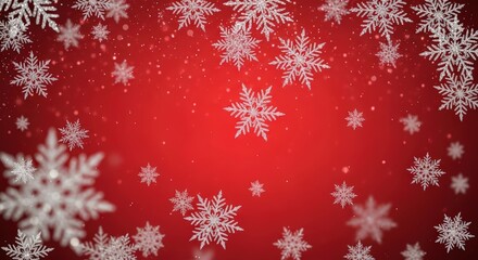 Festive Red Background with Falling Snowflakes and Glittering Particles