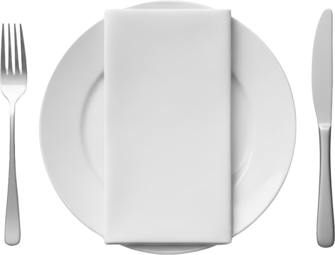 A white plate with a folded white cloth napkin sits between a silver fork and a silver knife isolate Silverware Table setting Dining Restaurant Formal