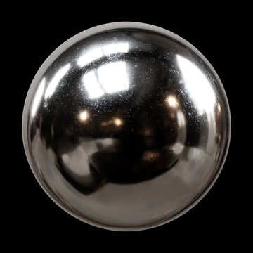 Single silver drage ball perfect sphere with a metallic mirror like finish reflecting a studio light isolated on a plain black background