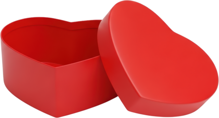 An open red heart shaped gift box with its lid slightly ajar showing the interior and exterior surfaces isolate Container Love Romantic Celebration Valentine