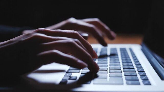 Nocturnal Writer's Creative Flow, Keyboard Close-Up in Dark Room