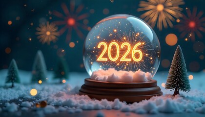 Snow globe with “2026” glowing inside, surrounded by tiny Christmas trees and fireworks, created with generative ai