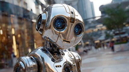 A futuristic robot with a shiny metallic finish and blue eyes, standing in an urban setting with blurred pedestrians.