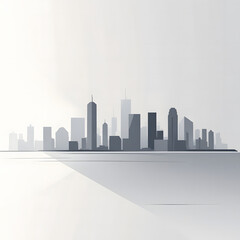 Obraz premium A minimalist silhouette of a city skyline presented in shades of grey and white, suggesting a hazy or distant view. The simplified shapes of various buildings are reflected faintly on a light, subtle 