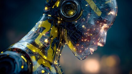 Close-up of a futuristic robotic humanoid with glowing circuitry and intricate details.