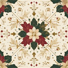 Gold and Red Christmas Mandala Floral Pattern with Symmetrical Design