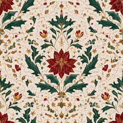 Vintage Christmas Mandala Pattern with Poinsettia and Holly Leaves