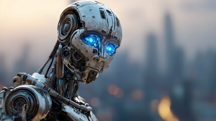 A futuristic robot with luminous blue eyes stands against a city skyline during sunset.