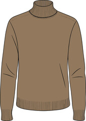 Men’s turtleneck sweater flat sketch, winter pullover vector template, front view fashion drawing, ribbed collar cuffs hem